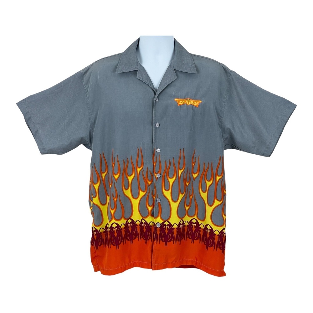 Las Vegas Flames Shirt Mens Large Gray All Over Print Short Sleeve Button Up